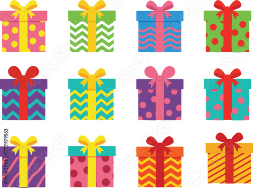 Colorful patterned gift boxes with ribbons and bows, festive presents for holidays and birthdays, decorative wrapping celebration illustration design