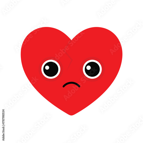 A sad red broken heart with eyes and a frown isolated on white background