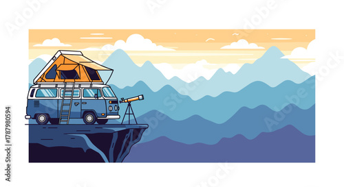 Camper Van with Telescope on Cliff Edge Overlooking Mountains, Generative AI.