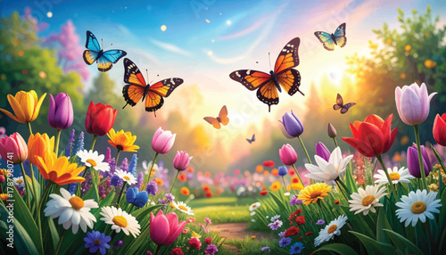 A lively spring garden with butterflies fluttering above the flowers. Butterflies dance in the air above a beautiful floral garden. A bright, colorful garden scene filled with butterflies and flowers
