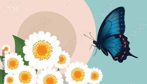 A vibrant blue butterfly amidst fresh white daisies in soft tones. A butterfly flies over a white daisy patch, with soft pastel colors. A stunning blue butterfly contrasts with delicate white flowers