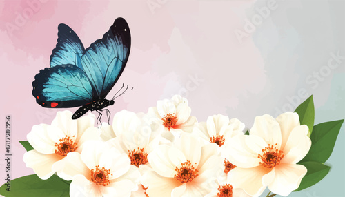 A stunning blue butterfly flying above delicate white blossoms. Blue butterfly perched on soft flowers in a pastel-colored scene. Nature's beauty in a soft pastel scene with butterflies and flowers