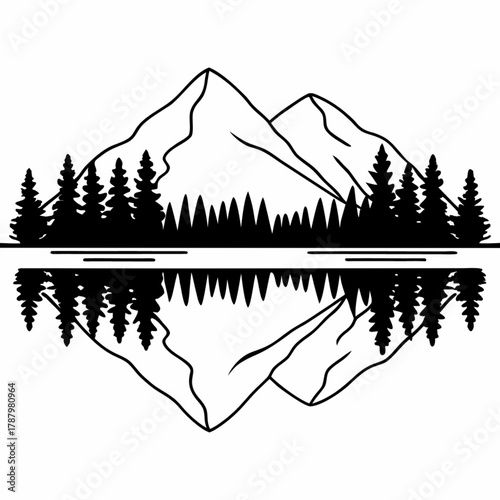 Minimilist illustration of a long arched bridge spanning a river surrounded by trees and hills in black and white vector