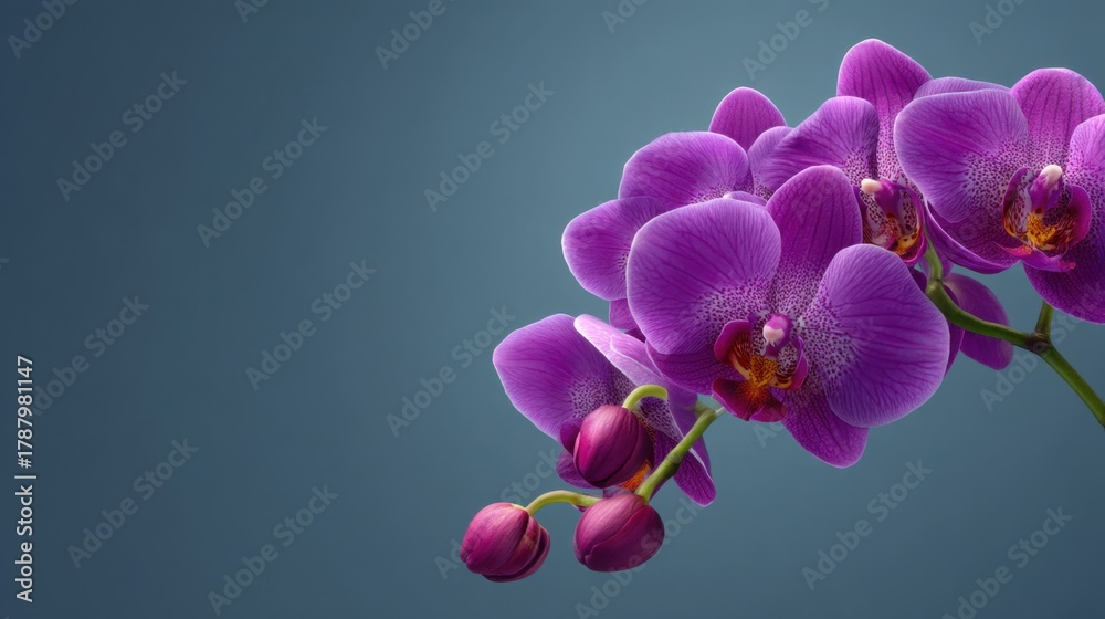 Naklejka premium Beautiful Purple Orchid Flowers on a Soft Blue Background with Delicate Buds and Elegant Petals for Nature and Floral Design Inspiration
