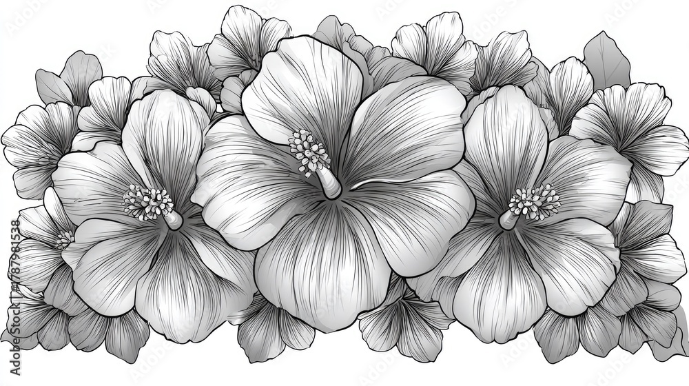 Fototapeta premium Monochromatic drawing depicts a dense border arrangement of large tropical blossoms.