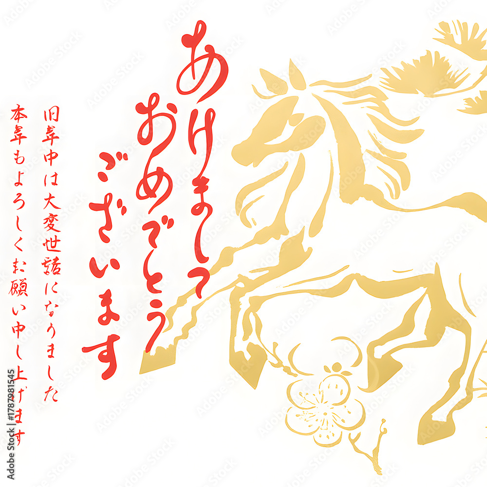 Obraz premium 金の馬と梅・松の和風年賀状（白背景）