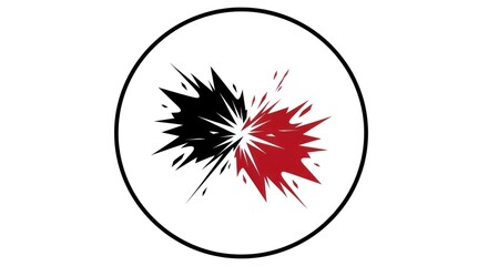 A black and red abstract explosion in a white circle with a black border.