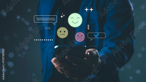 Sentiment analysis and opinion mining concept with user holding smartphone and emoji icons. Represents emotional data evaluation, customer feedback, and AI-powered response classification.