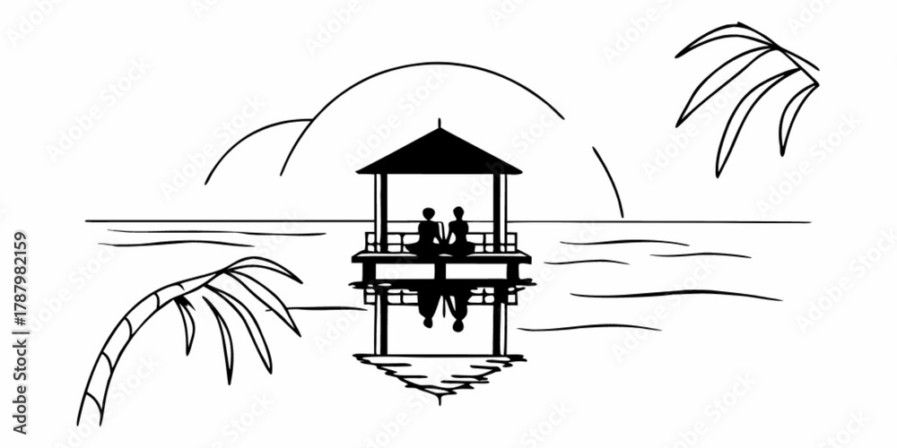 Fototapeta premium Minimilist illustration of a simple black and white fountain with water splashing and grass around it design vector