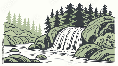 Minimilist a scenic view of a waterfall flowing between rocks surrounded by trees in a forest scene art vector