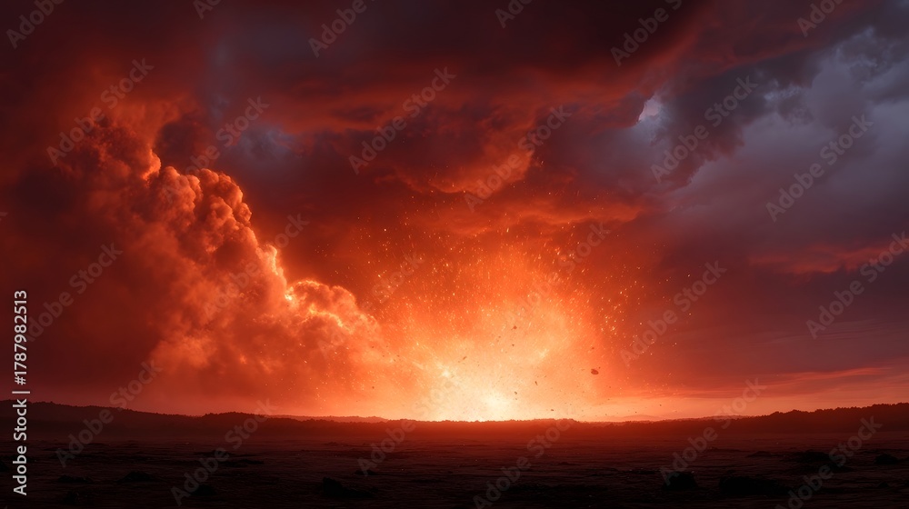 Obraz premium Dramatic volcanic eruption spews fire smoke and debris into a dark red sky