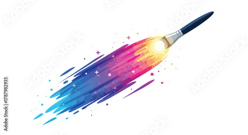 Paintbrush Rocket Launching Colorful Paint Streaks, Generative AI.