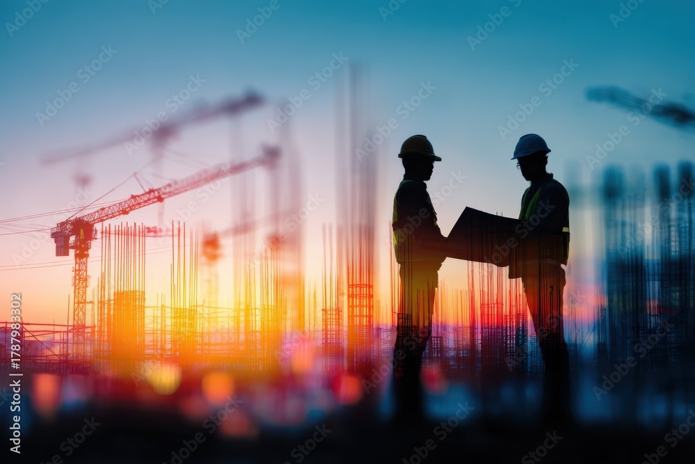 Fototapeta premium Construction Workers Reviewing Blueprints at Sunset on Construction Site, Silhouette of Engineers and Cranes
