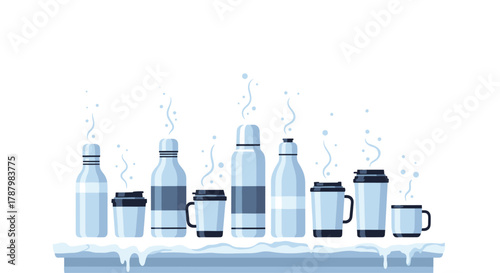 Collection of Thermos Bottles and Mugs with Steam, Generative AI.