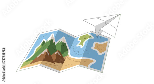 Paper airplane flying over a world map with mountains and islands, Generative AI.