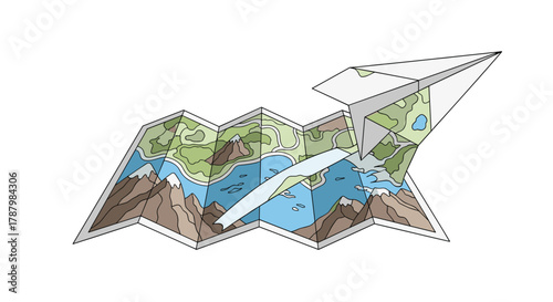 Paper airplane flying out of a folded world map illustration, Generative AI.
