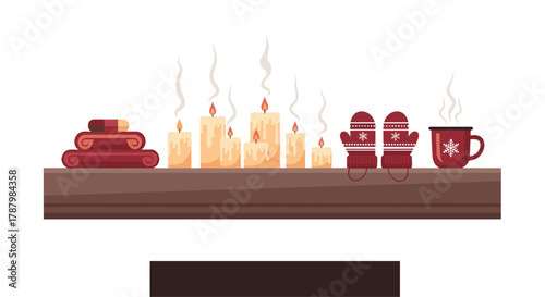 Cozy Winter Fireplace Scene with Candles and Hot Drink, Generative AI.