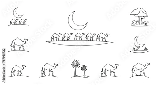 Line art illustration featuring camels crescent moons palm trees and desert landscapes