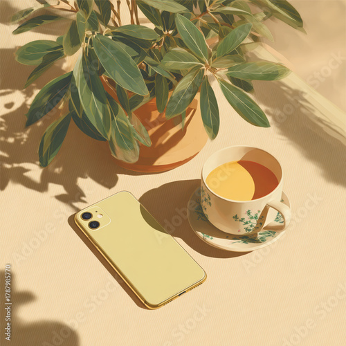 Aesthetic vector still life featuring smartphone, cup of coffee, and green plant in natural sunlight. Modern lifestyle and cozy minimalist morning mood. Vector illustration