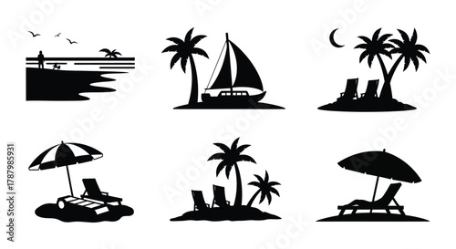 Tropical beach scene with palm trees sailboat and sun loungers silhouette