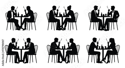 Silhouettes of people dining together at tables a formal evening scene