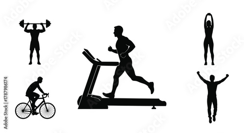 Silhouette illustrations depicting various forms of athletic exercise and physical fitness