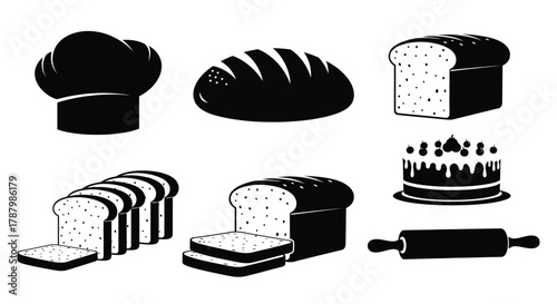 Black and white illustration of bread baking tools and sweet treats