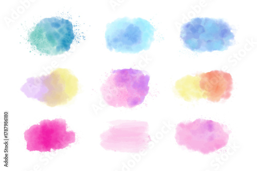 Set of bright abstract watercolor stains in rainbow colors. Hand drawn painted spots illustration. Artistic vector texture for premium gradient backgrounds, posters, cards, banners, prints, web design