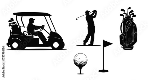 Silhouette illustration of a golf cart golfer golf bag and golf ball