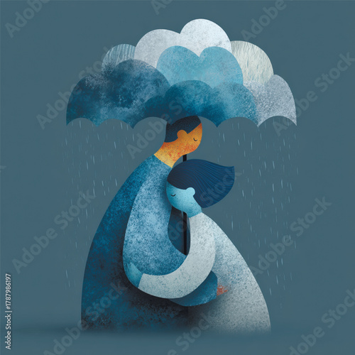 Emotional textured vector of two people hugging under a rain cloud. Symbol of empathy, love, mental health support, and emotional connection. Vector illustration