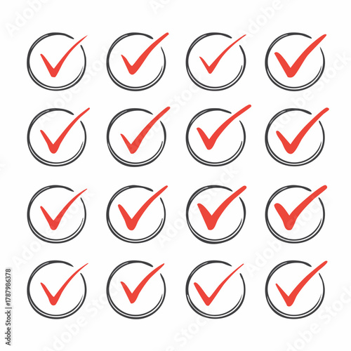 Hand-drawn style vector checkmark and tick mark icon set, presented in a circular design for various digital checklists, task completion, and approval interfaces