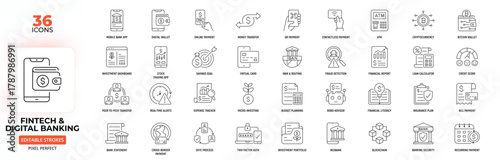 Fintech & Digital Banking Line Icon Set – Online Payments, Investments, Security, and Financial Management, Editable Stroke.