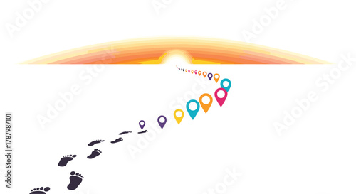 Footprints and Map Pins Leading to a Bright Horizon 1, Generative AI.