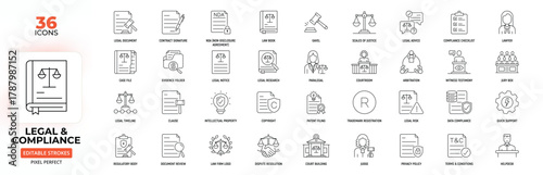 Legal & Compliance Line Icon Set – Law, Contracts, Courtroom, and Data Regulations, Editable Stroke.