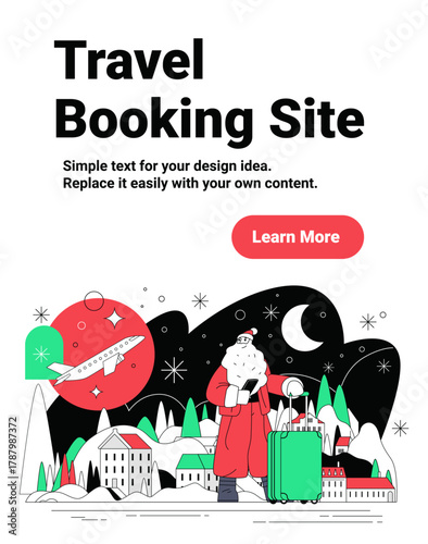 Santa travel booking Christmas New Year 2025 theme winter landscape suitcase airplane night snowy town website banner