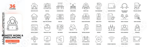 Remote Work & Freelancing Line Icon Set – Productivity, Collaboration, Digital Nomad, Editable Stroke.