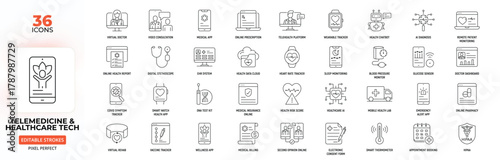 Telemedicine & Healthcare Tech Line Icon Set – Virtual Care, Diagnosis, Monitoring, Wellness, Editable Stroke.