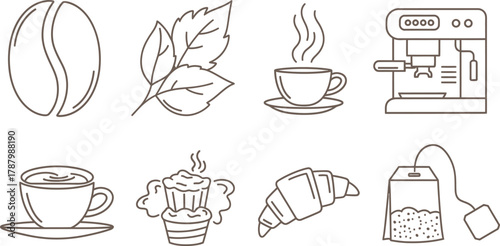 Coffee Tea Breakfast Pastry Line Art Cafe Icons Collection with vector illustration