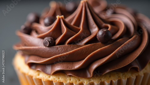 Delicious cupcake topped with rich chocolate frosting and decorative chocolate balls, perfect for dessert lovers