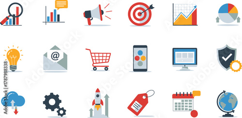 Digital Marketing Business Technology SEO Analytics Icons Set with vector illustration
