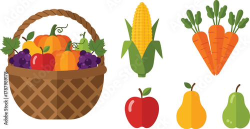 Basket full of fresh harvest vegetables and fruits