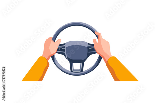 Hands grip a steering wheel while driving in a car. Vector illustration.