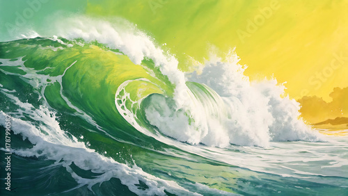 Fototapeta Naklejka Na Ścianę i Meble -  green wave breaking on the beach at sunset time  . 