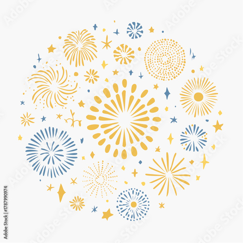 Hand-drawn illustration of a circular pattern of stylized fireworks in yellow and blue, evoking a celebratory and festive atmosphere