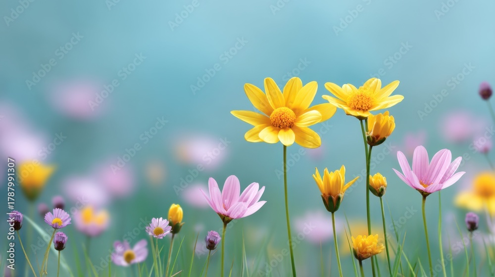 Fototapeta premium Vibrant Garden Scene of Colorful Spring Flowers in Bloom Against a Soft Blue Background