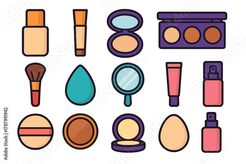 Makeup Essentials Icons. Face Makeup Essentials flat icons: foundation bottle, concealer, powder compact, contour palette, blush brush, highlighter, makeup sponge, mirror, primer