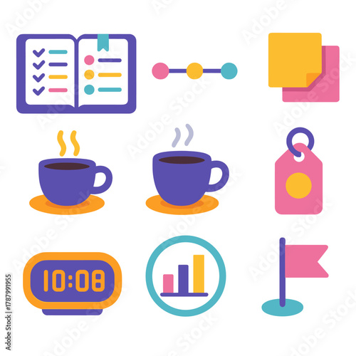 Modern Workday Icons. Daily Scheduling flat icons: planner book, timeline, coffee cup, sticky notes, digital clock, workday chart, event tag, goal flag.