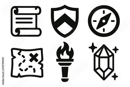Epic Quest Icons. Epic Quests silhouette icon set: scroll, shield, compass, map, torch, enchanted gem.