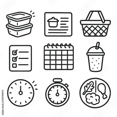 Meal Planning Icons. Meal Planning outline icons: meal prep containers, recipe card, weekly planner, shopping basket, ingredients list, timer clock, smoothie cup, balanced plate.