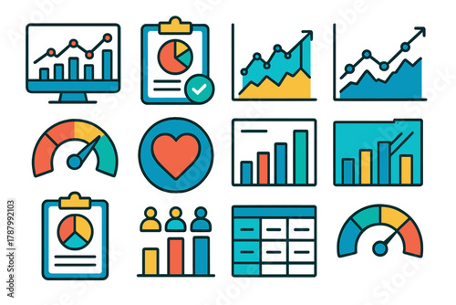 Vibrant Analytics Icons. Professional Engagement Metrics flat icons: structured analytics chart, verified KPI dashboard, enterprise line graph, performance meter, corporate heart